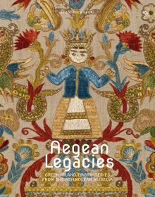 Vibrant Greek embroidery of figure wearing gold crown surrounded by flowers, on cover of 'Aegean Legacies, Greek Island Embroideries from the Ashmolean Museum', by Hali Publications.