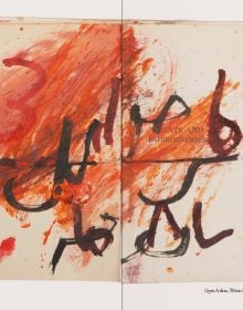 Red cover of exhibition catalog on Issam Kourbaj, with three black home office stamps. Published by Kettle's Yard, University of Cambridge.