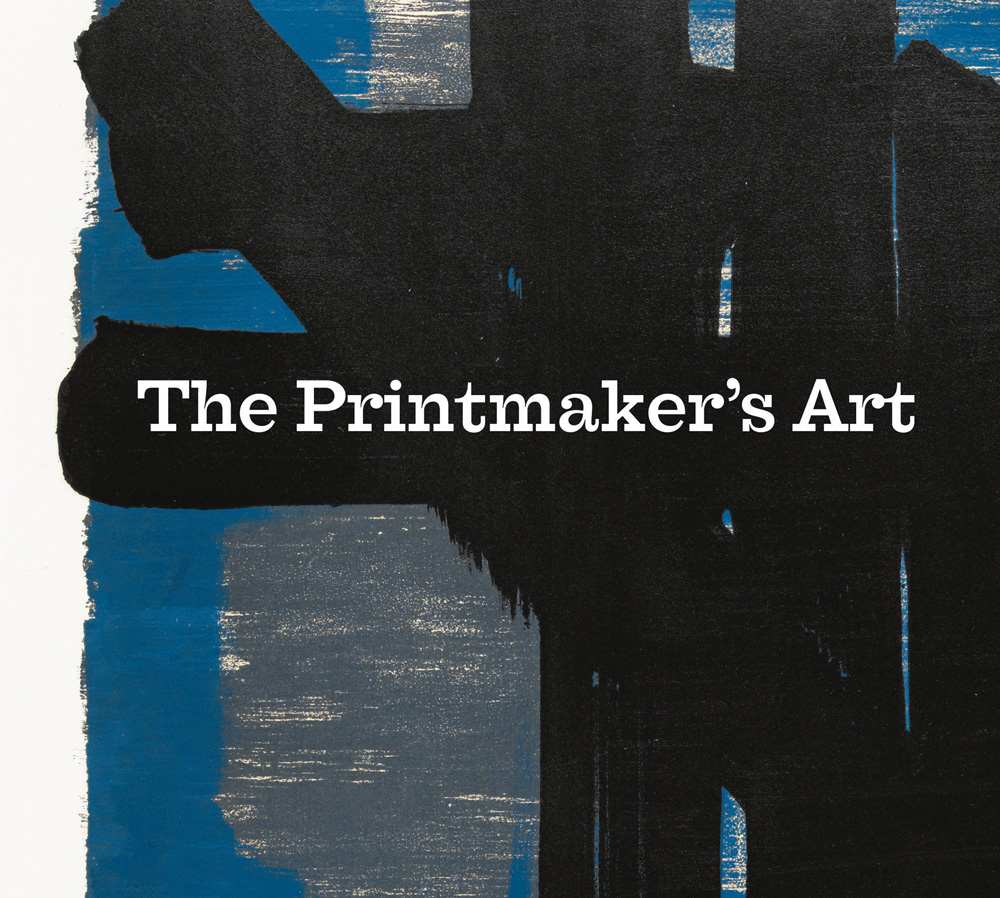 Book cover of The Printmakers' Art, with a bold print in black, blue and white. Published by National Galleries of Scotland.