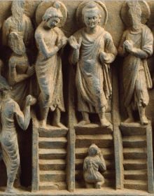 Book cover of Buddhist Art of Gandhara, In the Ashmolean Museum, with a pale gray carved Buddhist sculpture of robed man. Published by Ashmolean Museum.