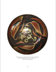 Curved ceramic piece with gold patterns, on blue cover of 'Alan Caiger-Smith and the Legacy of the Aldermaston Pottery', by Ashmolean Museum.