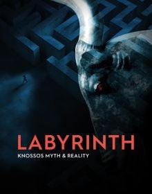 Book cover of Labyrinth, Knossos Myth and Reality, with a minotaur with red eyes, and a maze behind. Published by Artpower International.