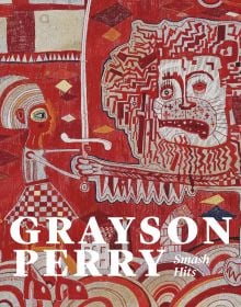 Book cover of Grayson Perry, Smash Hits, with a red tapestry title 'Sacred Tribal Artefact'. Published by National Galleries of Scotland.