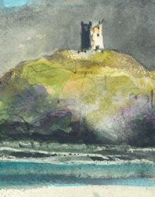 Book cover of Norman Ackroyd: An Irish Notebook, featuring a watercolour of rugged coastline, with silhouettes of rocks in foreground. Published by Royal Academy of Arts.