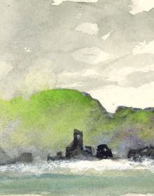 Book cover of Norman Ackroyd: An Irish Notebook, featuring a watercolour of rugged coastline, with silhouettes of rocks in foreground. Published by Royal Academy of Arts.