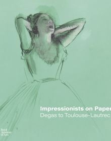 Pale green book cover of Impressionists on Paper, Degas to Toulouse-Lautrec, featuring an oil sketch by Edgar Degas, 'Dancer Yawning (Dancer Stretching)'. Published by Royal Academy of Art.