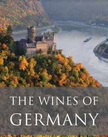 Book cover of Anne Krebiehl's guide, The Wines of Germany, featuring an aerial view of the Burg Katz fortress with river below. Published by Academie du Vin Library.