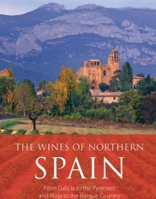 Book cover of Sarah Jane Evans's guide, The Wines of Northern Spain, with vineyards and mountains behind. Published by Academie du Vin.