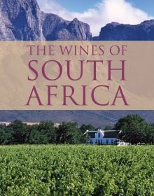 Book cover of Jim Clark's guide, The Wines of South Africa, with vineyards and mountains behind. Published by Academie du Vin.