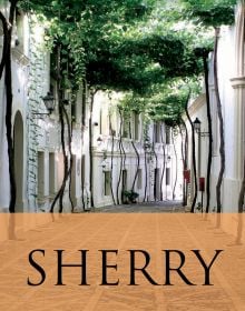 Book cover of Julian Jeffs guide, Sherry, with vine canopy in Jerez de la Frontera, Spain. Published by Academie du Vin Library.