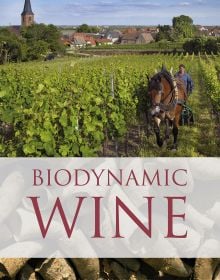 Book cover of Monty Waldin's Biodynamic wine, with a vineyard being ploughed by a horse, and a worker behind guiding plough. Published by Academie du Vin Library.