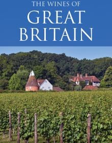 Book cover of Stephen Skelton's guide, The Wines of Great Britain, with the Oast House Meadow vineyard of Hush Heath Estate, Kent, under bright blue sky. Published by Academie du Vin Library.