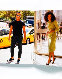 Black skinned woman in peplum top and glasses, high style dreadlocks, Street Culture in white font below