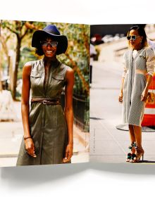 Black skinned woman in peplum top and glasses, high style dreadlocks, Street Culture in white font below