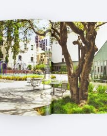 Book cover of Changing the Commons, with a forest with stepped decking walkway. Published by ORO Editions.