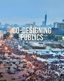 Cityscape full of protestors with banners, on cover of 'Co-Designing Publics', by ORO Editions.