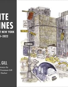 Watercolour painting of cityscape with skyscrapers, road with traffic lights and cars, on cover of 'Site Lines, Lost New York, 1954–2022', by ORO Editions.