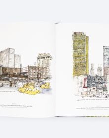 Watercolour painting of cityscape with skyscrapers, road with traffic lights and cars, on cover of 'Site Lines, Lost New York, 1954–2022', by ORO Editions.