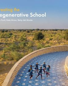 Book cover of Creating the Regenerative School, with with mosaic path of the Rajkumari Ratnavati Girls School, India. Published by ORO Editions.