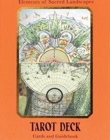 Box cover of Wisdom of Place Tarot Deck: Elements of Sacred Landscapes, featuring a painted landscape, and a globe map. Published by ORO Editions.