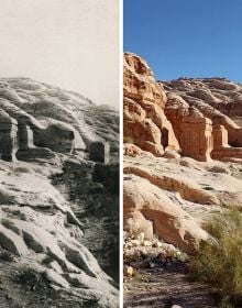 Book cover of Petra Rephotographed: A Century of Change in the Rose Red City, featuring a temple. Published by ORO Editions.