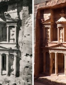 Book cover of Petra Rephotographed: A Century of Change in the Rose Red City, featuring a temple. Published by ORO Editions.