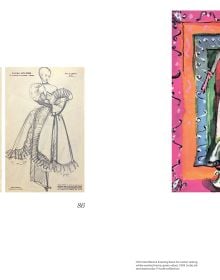 Fashion illustration of two models in ruffled dresses, on cover of 'Christian Dior - Christian Bérard, A Cheerful Melancholy', by Editions Gallimard.