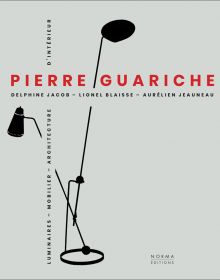 Black silhouette of tall adjustable lamp, on grey cover of 'Pierre Guariche', by Editions Norma.