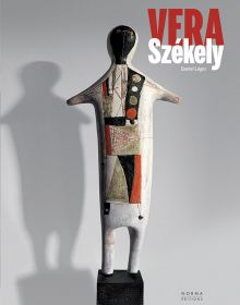 Abstract ceramic figure on black plinth on grey cover of 'Vera Székely', Editions Norma.