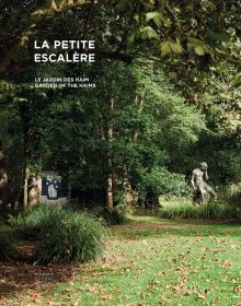 Sculpture of male figure with hand on face, surrounded by green garden foliage, on cover of 'La Petite Escalère, Garden of the Haims', by Editions Norma.