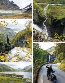 Aerial view of 2 people on bicycles riding on road towards mountainous landscape, on cover of 'Bike Life, Travel, Different', by Lannoo Publishers.