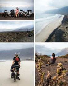 Aerial view of 2 people on bicycles riding on road towards mountainous landscape, on cover of 'Bike Life, Travel, Different', by Lannoo Publishers.