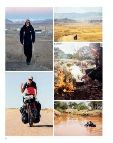 5 landscape photos of people on cycling trips across the world, on cover of '50 Ways to Cycle the World', by Lannoo Publishers.