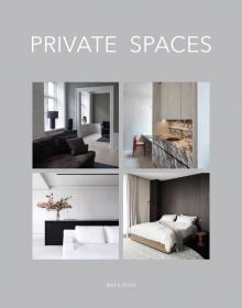 Montage of four interior living spaces on grey cover of 'Private Spaces', by Beta-Plus.