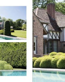 Swimming pool in landscaped garden through interior glass doors, table and chairs on patio, on cover of 'Ultimate Gardens & Swimming Pools', by Beta-Plus.