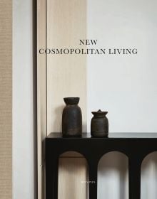 Book cover of New Cosmopolitan Living, with two dark vessels resting on wood surface, with white walls and wood corner panels behind. Published by Beta-Plus.