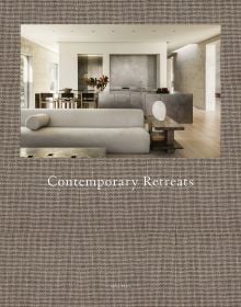 Linen book cover of Contemporary Retreats, featuring an interior living space in shades of grey. Published by Beta-Plus.