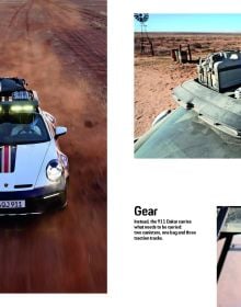 Book cover of Rough Roads to 911 Dakar, featuring a black Porsche 911 racing down a sand dune in the desert. Published by Delius.