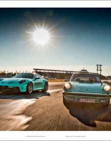 Book cover of Stefan Bogner's Porsche Curves: On the Roads of the World, with a VW transporter with caterpillar tracks and a Porsche Cayenne. Published by Delius Klasing Verlag GmbH.