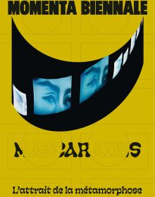 Repeated slide of pair of eyes, on mustard yellow cover of 'MOMENTA Biennale de l’image, Mascarades. L’attrait de la métamorphose', by Kerber.