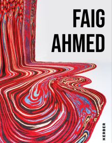 Book cover of Faig Ahmed, with a large, red textile rug suspended on white exhibition wall, with the black bottom half in shape of spilt liquid. Published by Kerber.