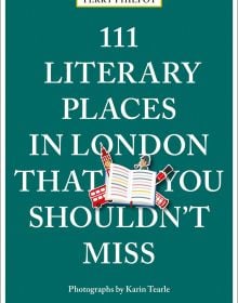 Book cover of 111 Literary Places in London That You Shouldn't Miss, with an open book surrounded by a red bus and red telephone box. Published by Emons Verlag.