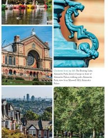 Pale green book cover of Nicola Perry's travel guide, 33 Walks in London That You Shouldn't Miss, featuring the Elizabeth Tower and red phone box. Published by Emons Verlag.