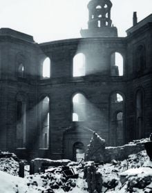 High angle shot on interior hall of Paulskirche with yellow filter, on cover of 'Paulskirche, A Political Story of Architecture', by Avedition Gmbh.