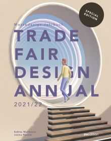 Figure walking through circular portal, steps below, on cover of 'Trade Fair Design Annual 2021 / 22, Special Edition', by Avedition Gmbh.