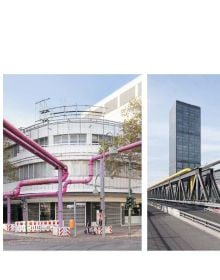 Rows of pale pink chairs with one replaced by orange and white striped traffic cone, on cover of 'Provisorium / Stopgap, European Architectural Photography Prize 2023', by Avedition.