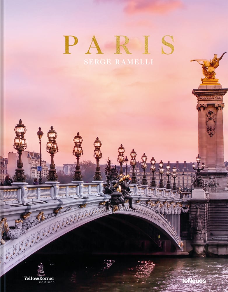 Book cover of Paris, featuring The Pont Alexandre III arch bridge over the Seine in the French city. Published by teNeues Books.