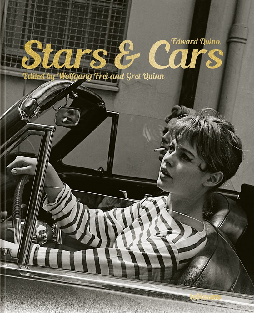 Book cover of Stars and Cars, featuring French actress Brigitte Bardot in driving seat of vintage car. Published by teNeues Books.