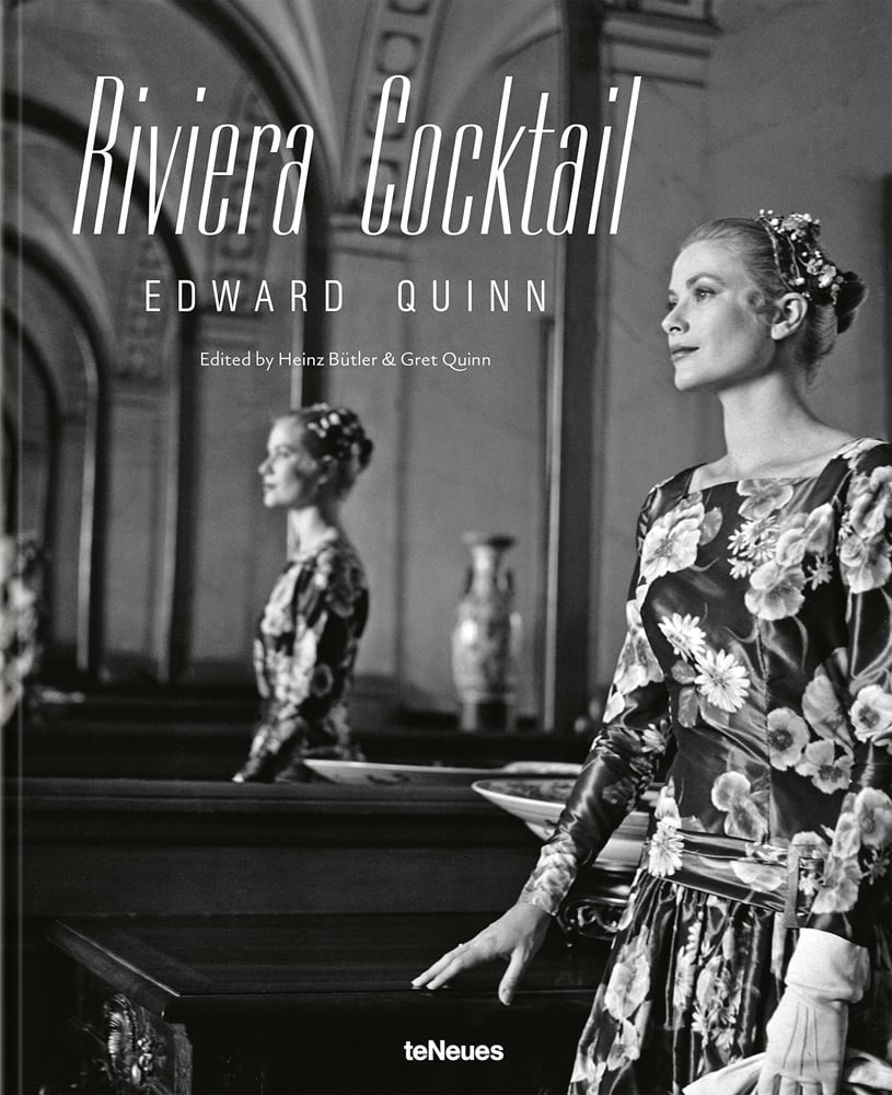 Book cover of Riviera Cocktail, featuring American actress Grace Kelly posing in floral silk dress. Published by teNeues Books.