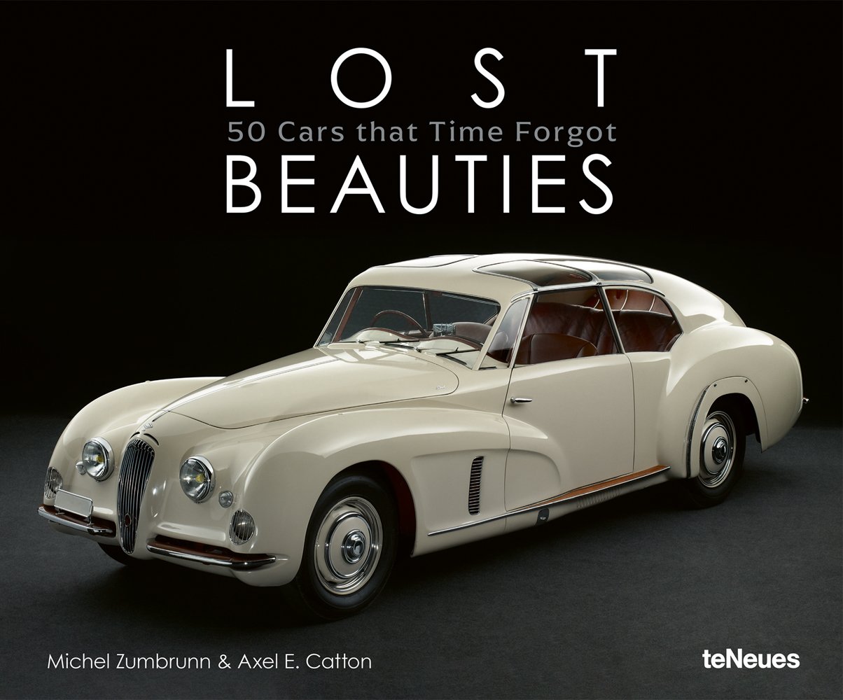 Book cover of Lost Beauties: 50 Cars that Time Forgot, featuring a 1949 Riley 105 Transformable Coupe in cream. Published by teNeues Books.